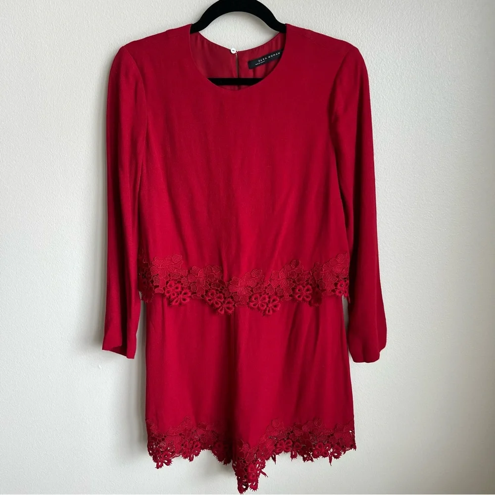 Zara Red Lace Trim Long Sleeve Romper, Size Medium - Picture 1 of 6